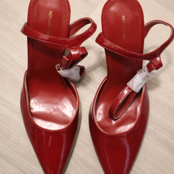 PrettyLittleThing Cherry Red Burgundy Patent Ankle Strap High Heeled Courts - Picture 4 of 8